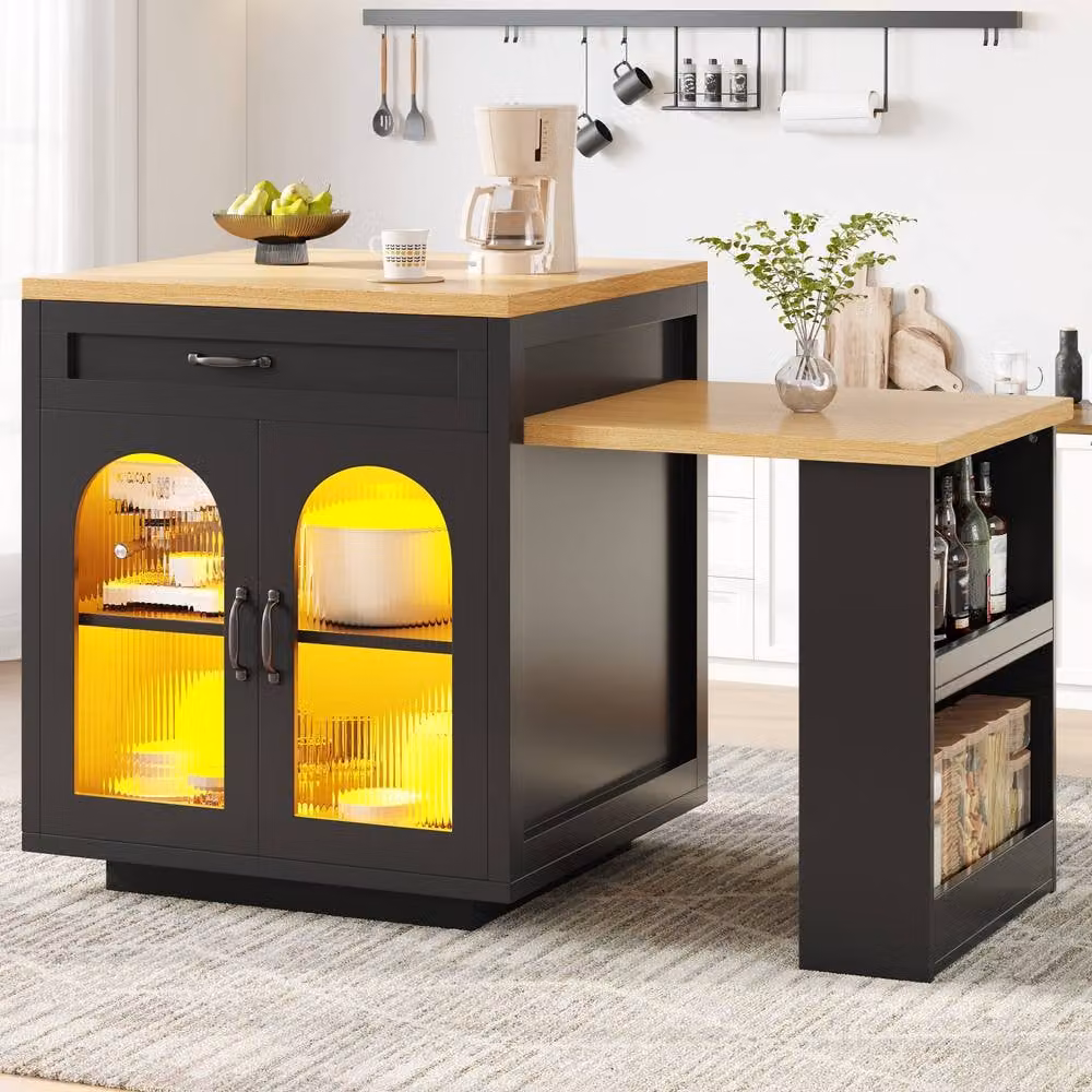 ModernLuxe Extendable Kitchen Island with LEDs and 2 Drawers in Black – 4