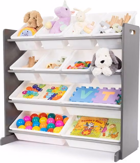 LIVIVO 4 Tier Kids Toy Storage Unit with 12 Plastic Boxes in Grey and White – 1