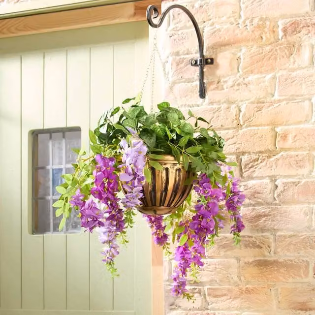 Coopers of Stortford Artificial Wisteria and Ivy Hanging Basket Planter with Bronze Look Pot, Multicolour, W/D/H: 75 x 50 x 50 cm – 1
