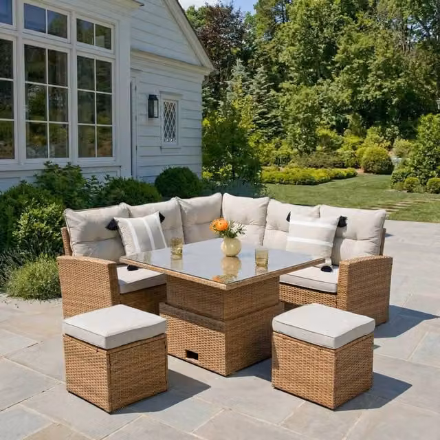 Home Garden Direct St.Tropez 6 Seater Garden Corner Sofa Set with Rising Table and Footstools in Brown Rattan