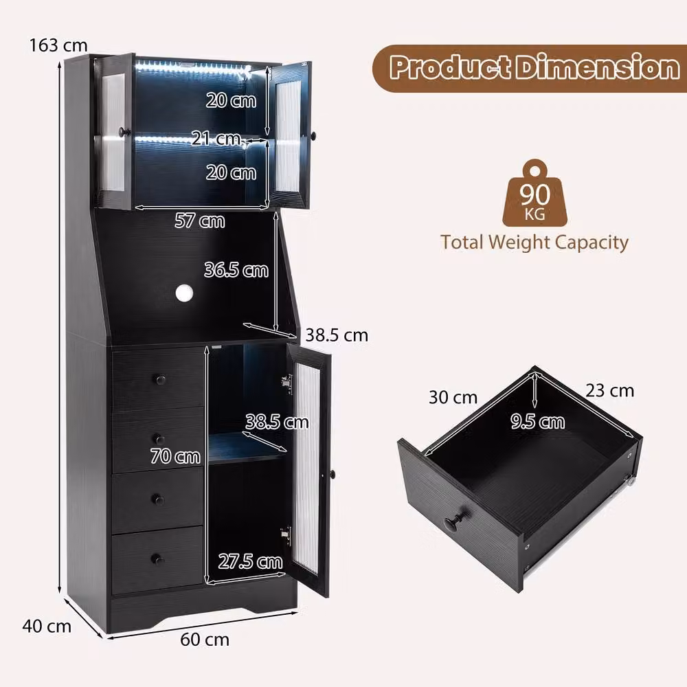 Gymax Black Freestanding Kitchen Pantry and Coffee Bar Cabinet with Integrated LED Lights – 6