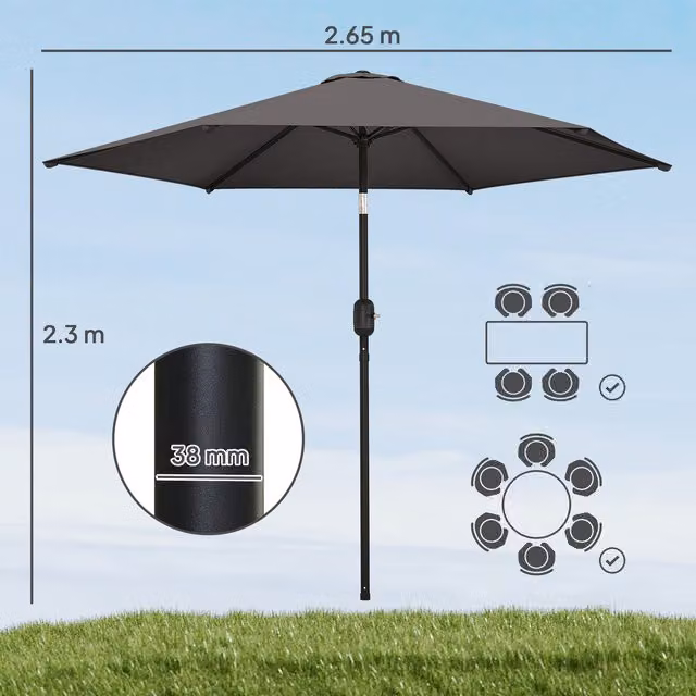 Outsunny 2.6m Garden Parasol Umbrella with Aluminium Pole and Tilt Function in Black