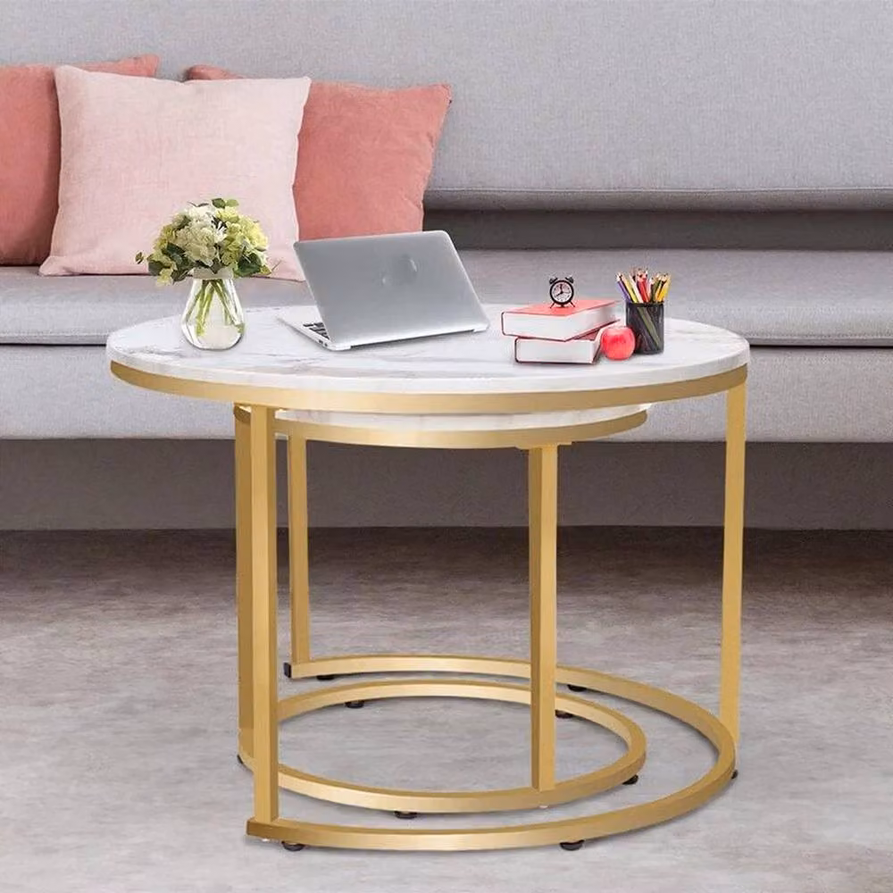 PAWNORA Set of 2 Round Nesting Coffee Tables with White Marble Tops and Sled Base – 4
