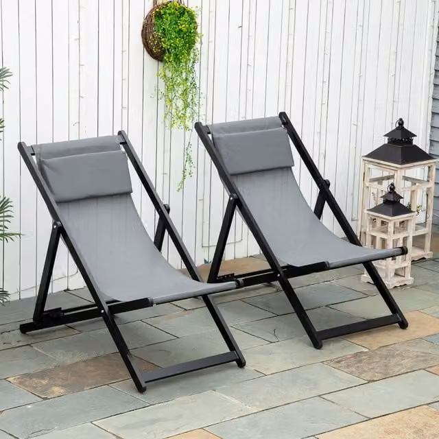 Outsunny Set of 2 Folding Garden Deck Chairs in Grey with Adjustable Headrests and Powder Coated Aluminium Frame
