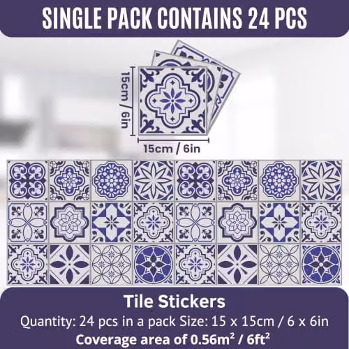 WALPLUS Blue Spanish and Moroccan Geometric Peel and Stick Wall Tile Stickers, 24 Pack, W/D/H: 15 x 15 x 0.15 cm – 3