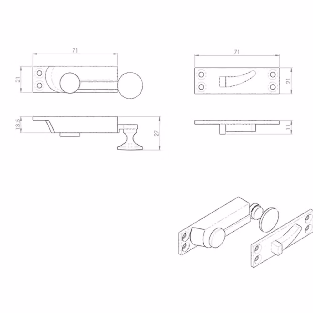 Loops Quadrant Arm Sash Window Fastener in Polished Brass, W: 70 mm, D: 20 mm, Projection: 27 mm – 2