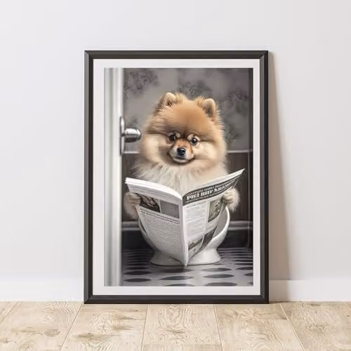 60 Second Makeover Pomeranian On The Toilet Multicolour Paper Poster, W/H: 21.0 x 29.7 cm