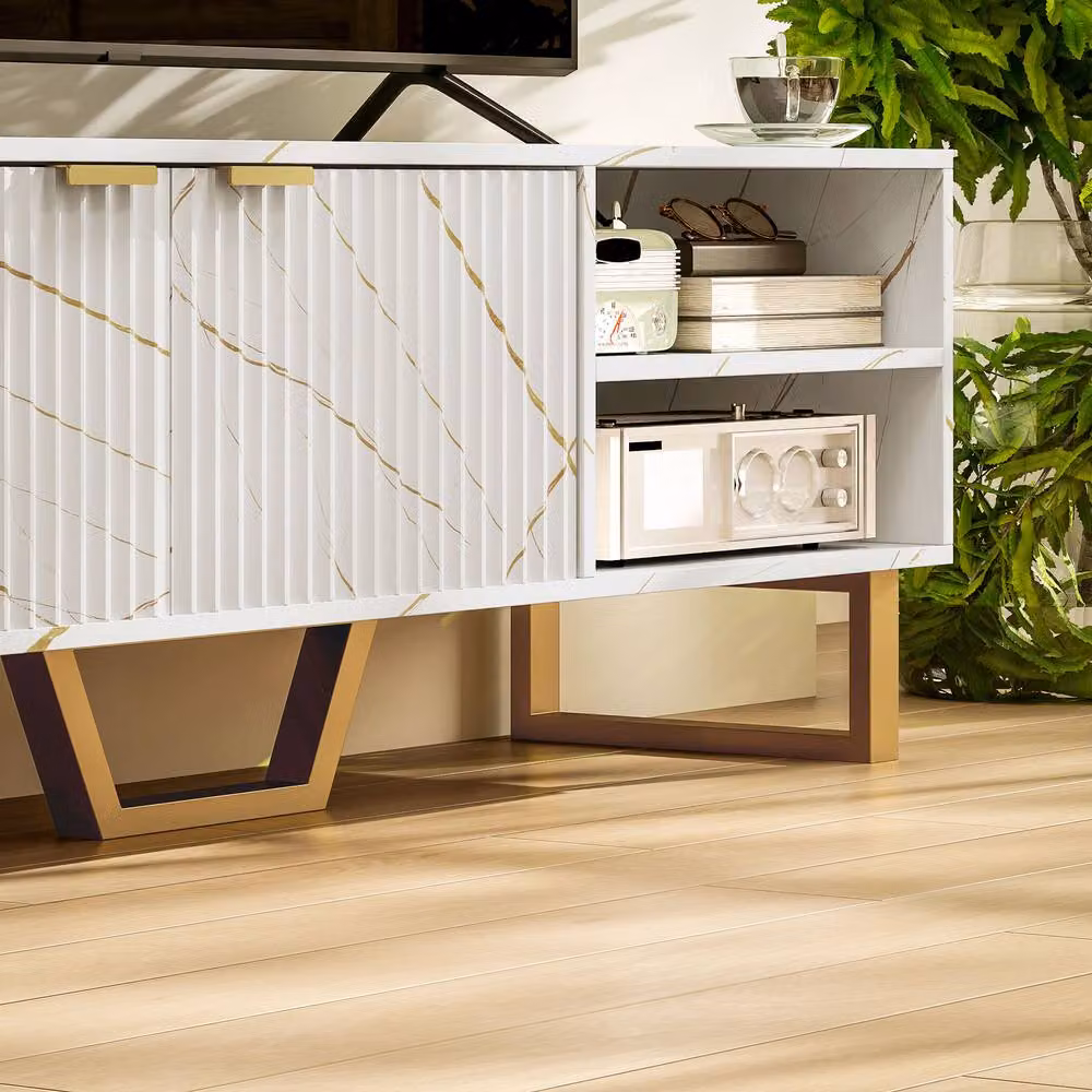 STILVORA Modern Abstract TV Stand in White and Gold with Metal Accents – 8