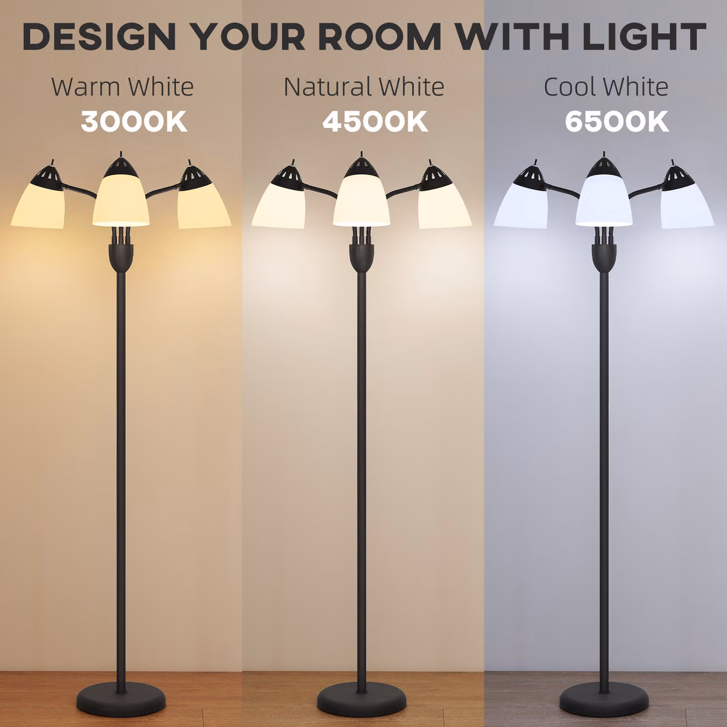 HOMCOM Arc Tree Floor Lamp in Black with 3 Adjustable Rotating Lights and Steel Frame, Height: 155 cm – 3
