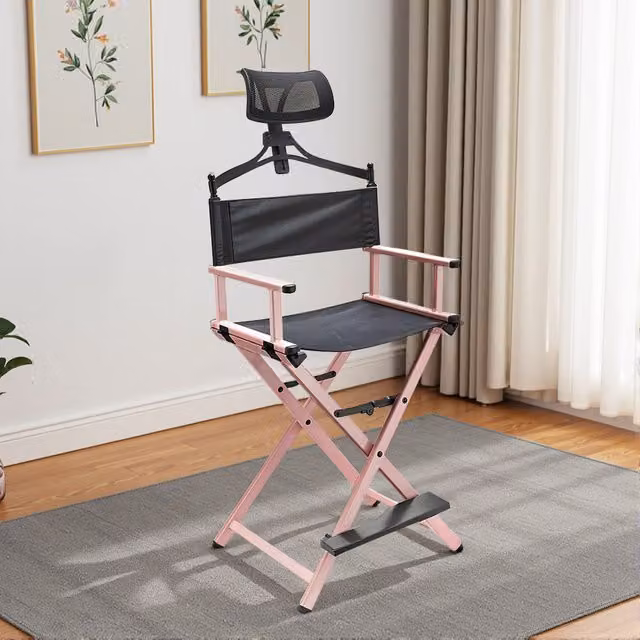 Livingandhome Pink Foldable Aluminum Frame Directors and Makeup Chair with Headrest and Armrests