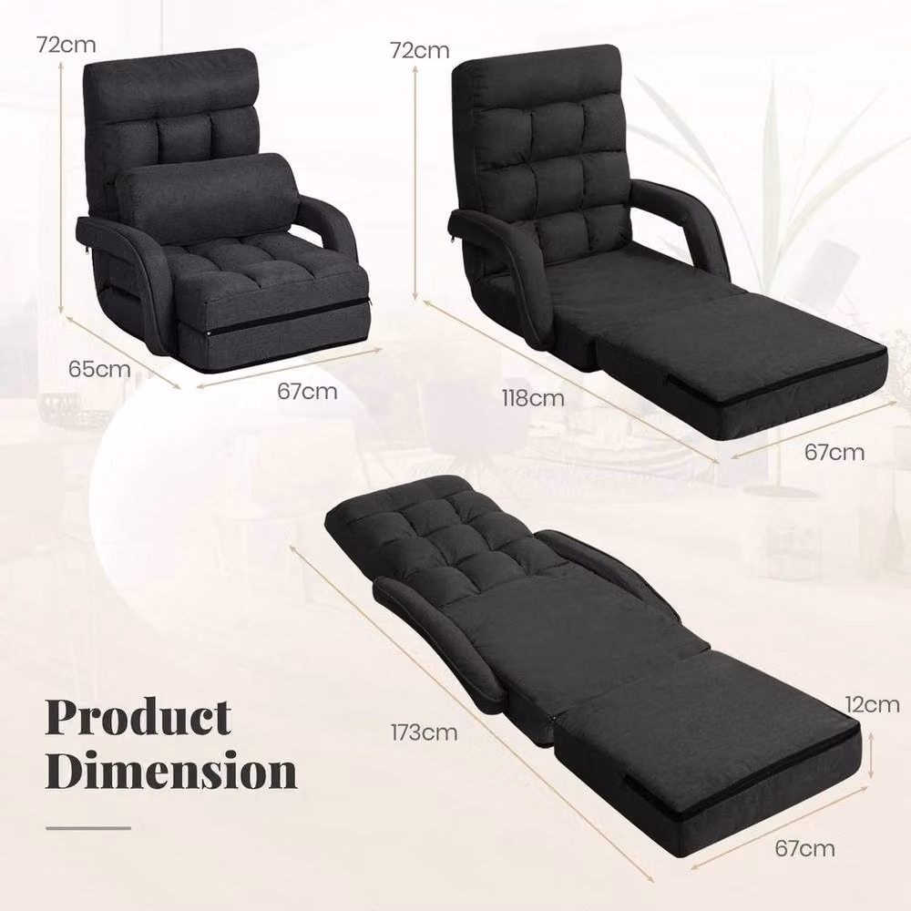 KORVIXA Adjustable Folding Lazy Sofa Floor Chair with Pillow in Dark Grey, W/D/H: 100 x 100 x 100 cm – 2