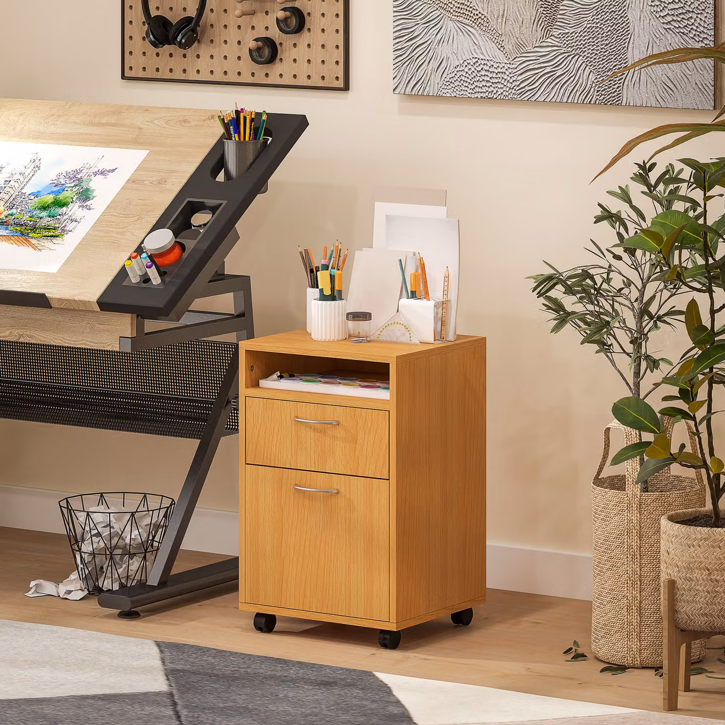 HOMCOM Mobile Filing Cabinet and Office Organiser with Drawer, Open Shelf and 4 Wheels, Natural Wood Finish, Width: 60 cm – 5