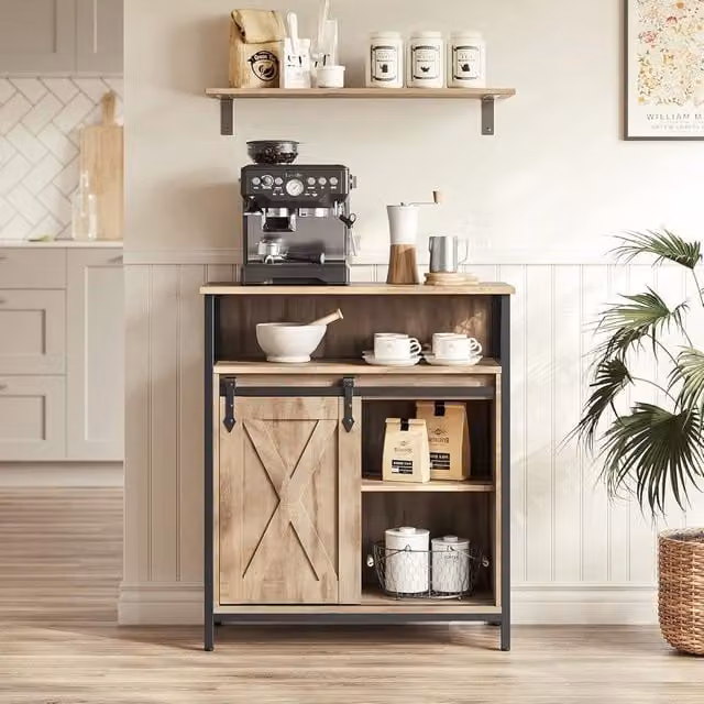VASAGLE Industrial Storage Cabinet Sideboard with Sliding Door and Open Compartment in Camel – 1