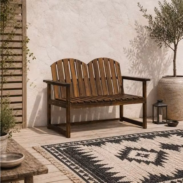 Wyld Haus Rozi 2 Seater Outdoor Garden Bench in Brown Treated Hardwood with Armrests, W: 114 cm, H: 86 cm, D: 63 cm