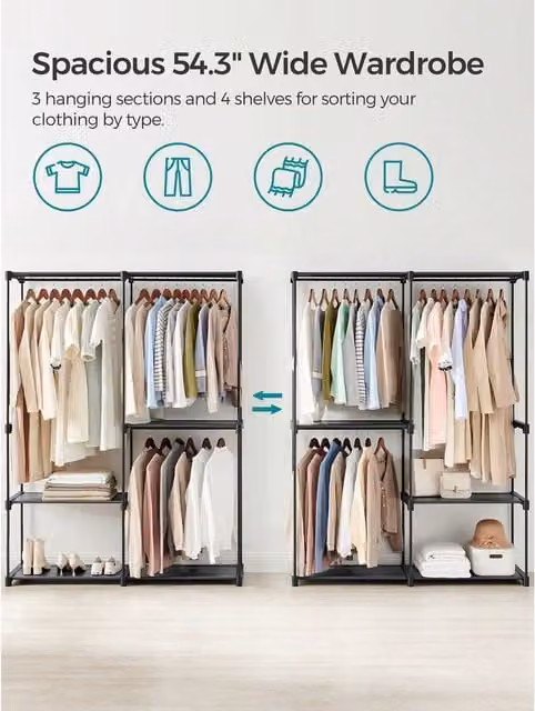 SONGMICS Portable Garment Closet with Storage Shelves, Black