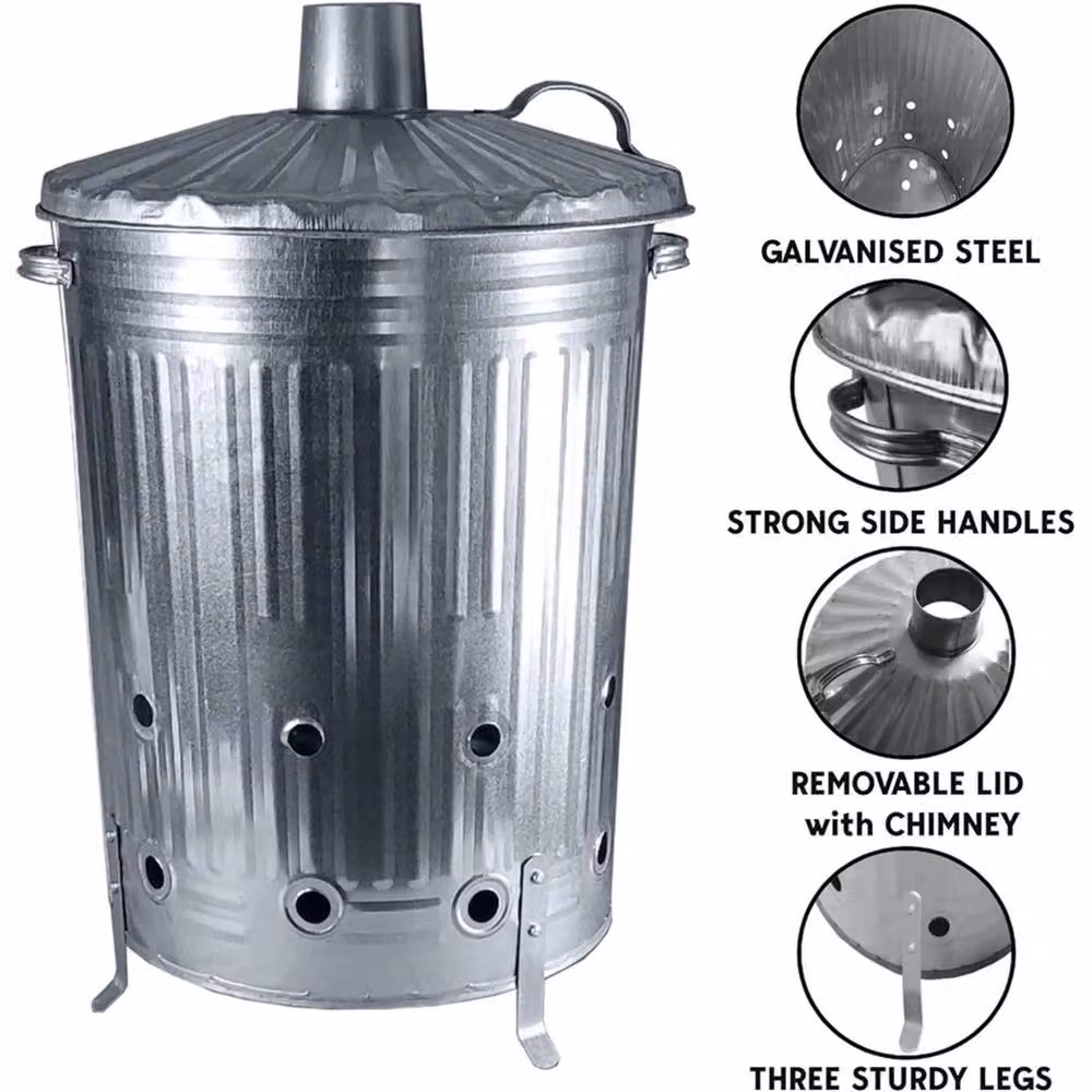 VOGREX 90L Large Steel Garden Incinerator Bin Fire Burner in Silver – 3