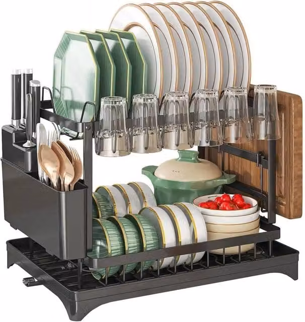 NESTLUNE 2 Tier Dish Drying Rack with Cutlery Holder and Plate Stand, Black, W: 100 cm, D: 15 cm, H: 15 cm – 1