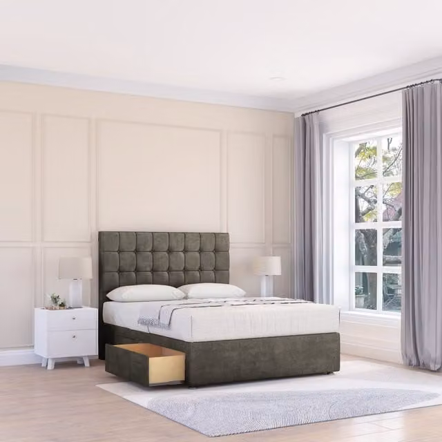 Sloomy Alabama Divan Bed Base and 26 inch Struts Headboard, Light Grey, W/D/H: 180 x 200 cm