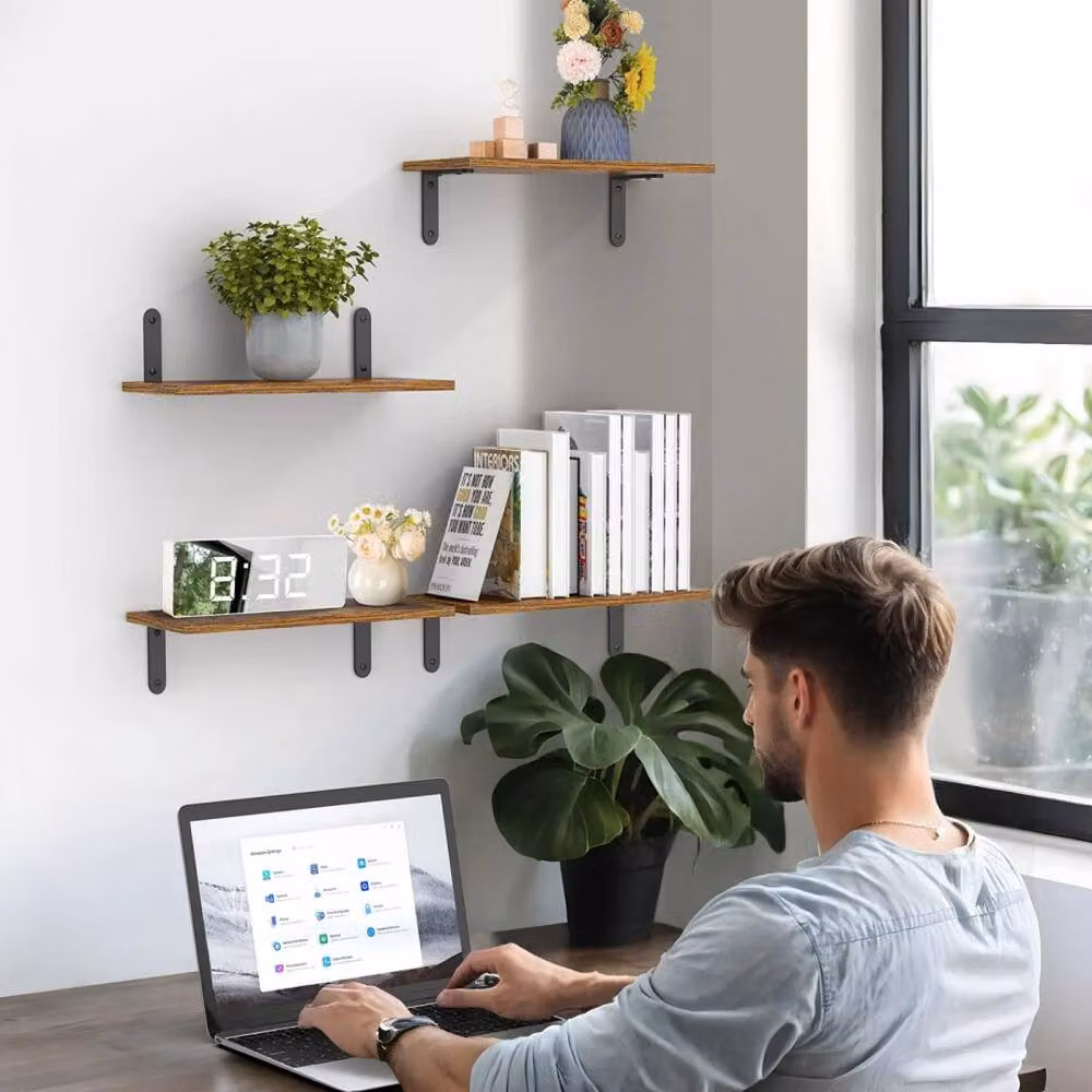 VOGREX 4-Piece Brown Wooden Floating Shelves, Wall Mounted Minimalist Display Storage Decor – 3