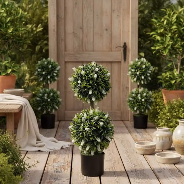 Wyld Haus Kelola Set of 2 Artificial Lavender Ball Trees in White Pots, Height: 70 cm – 1