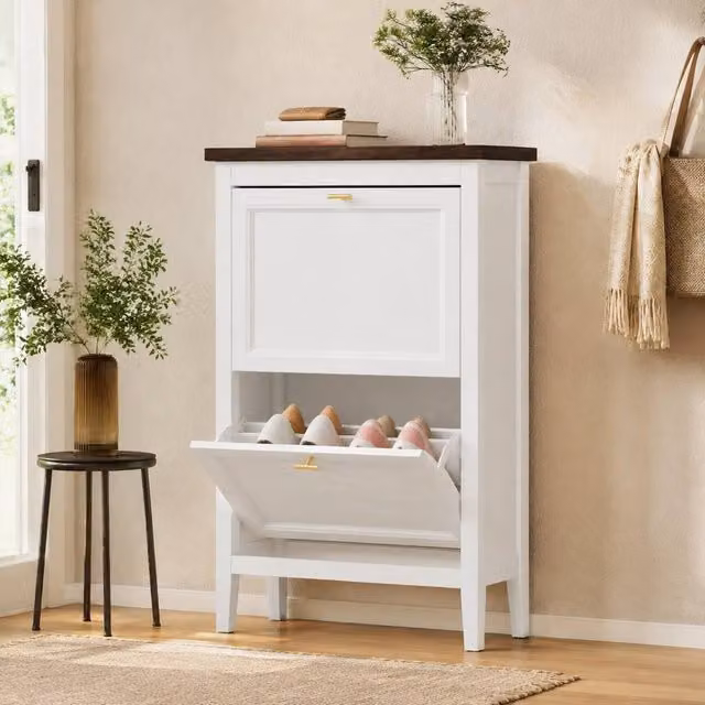 STILVORA Modern Shoe Cabinet with 2 Tilting Compartments and Internal Shelves, White