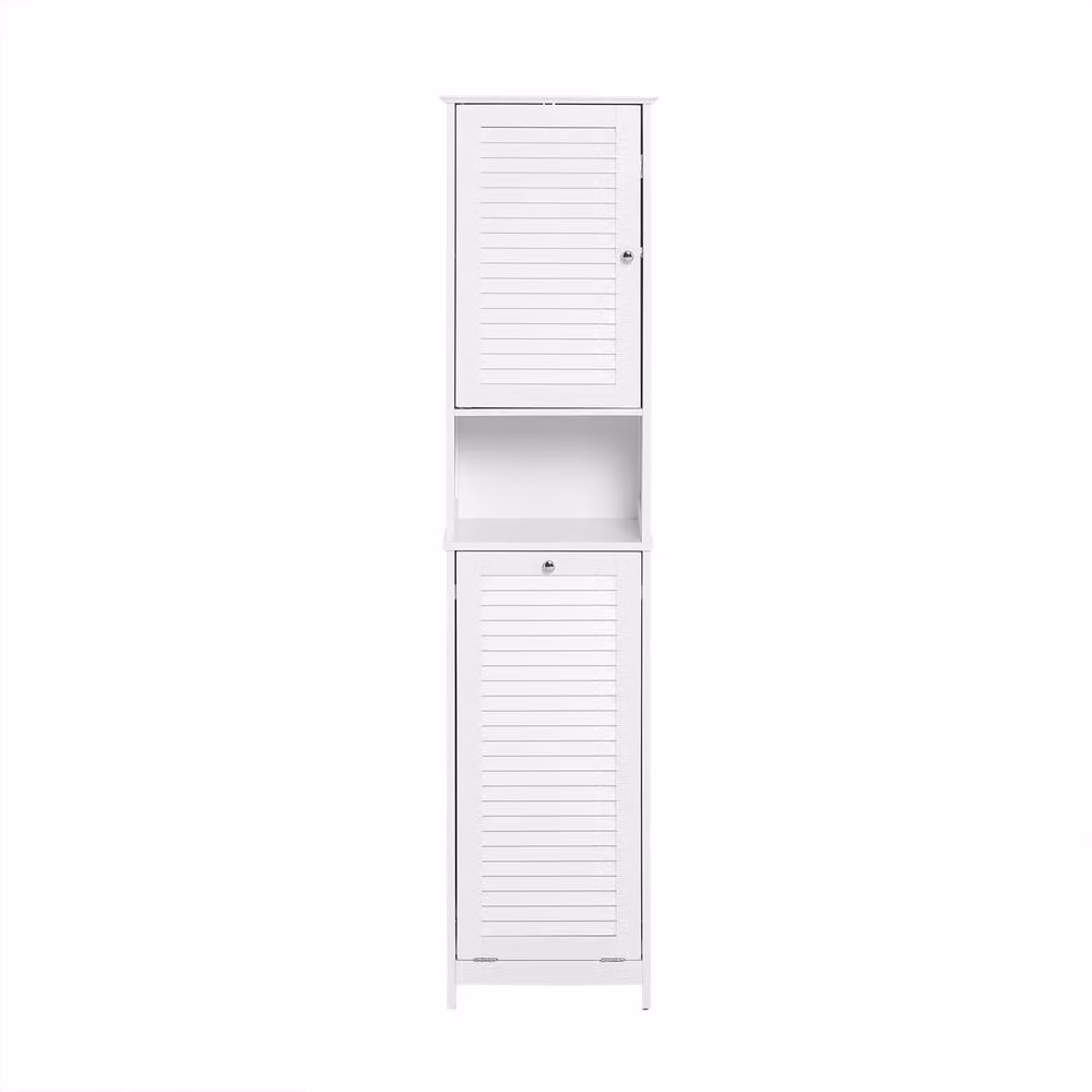 SoBuy White Tall Bathroom Storage Cabinet with Laundry Basket and Louvered Hinged Doors – 1