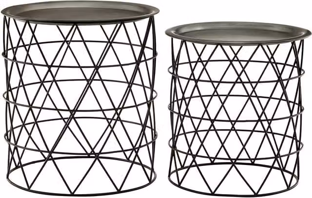 Orsina Templar Set of Two Black Metal Geometric Side Tables with Round Nested Tops