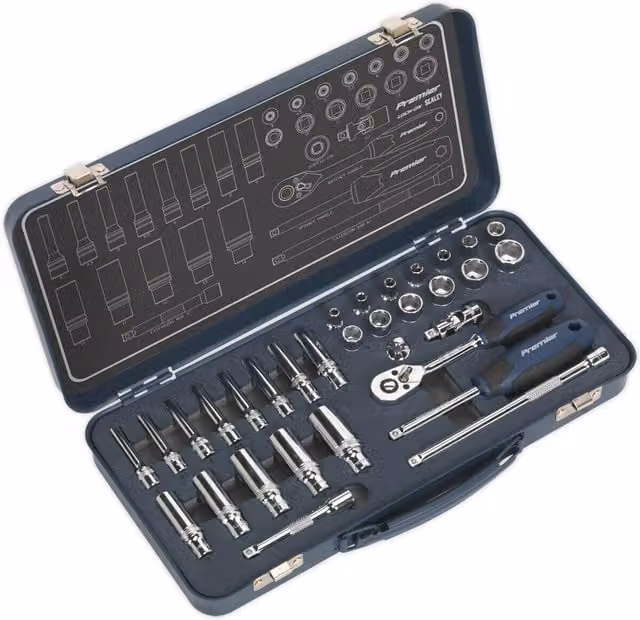 Loops 32 Piece 1/4 Inch Metric Socket Set with 6 Point Lock-On Rounded Heads in Silver and Multicolour