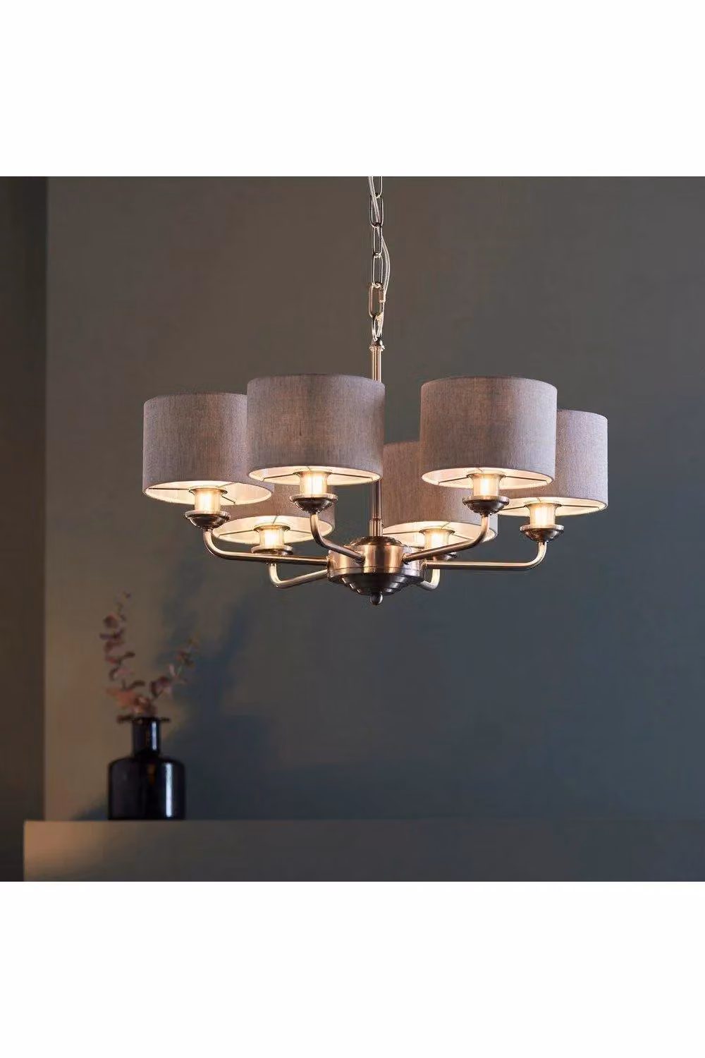 Netlighting Highclere Multi Arm Pendant Ceiling Lamp with Brushed Chrome Plate and Grey Natural Linen Shade – 2