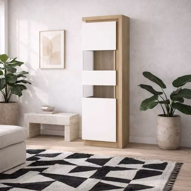 Wyld Haus Hjorring Tall Narrow Display Cabinet in White Gloss and Natural Oak with Glass Doors and Integrated LED Lighting – 1