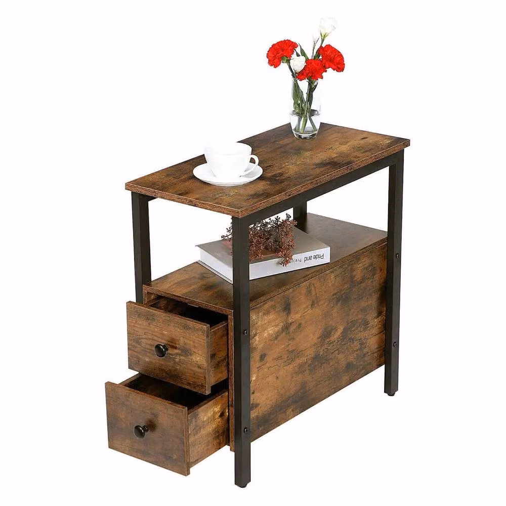 FLAVORA Industrial 2 Drawer Bedside Table and Lamp End Table in Brown with Wood and Glass Details – 2
