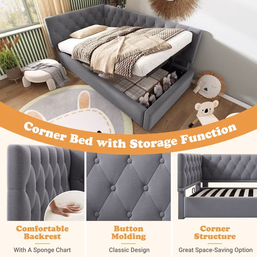 ModernLuxe Grey Velvet Upholstered Single Ottoman Daybed with Hydraulic Lift-Up Storage W/D/H: 190 x 90 x 77 cm – 6