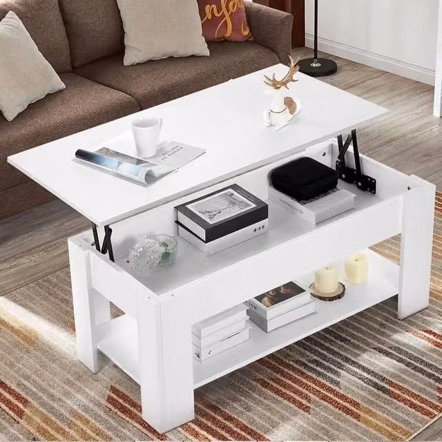 Kelvenix Modern White Lift Up Coffee Table with Storage Shelf