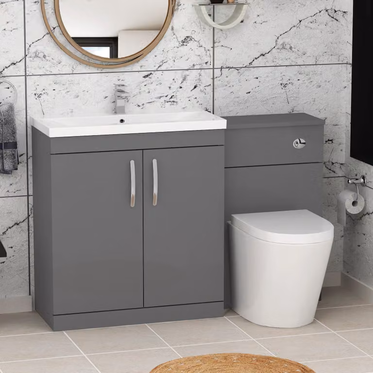 Royal Bathrooms Turin 1300mm Indigo Grey Gloss 2-Door Mid-Edge Basin and Cesar Back to Wall Toilet Pack