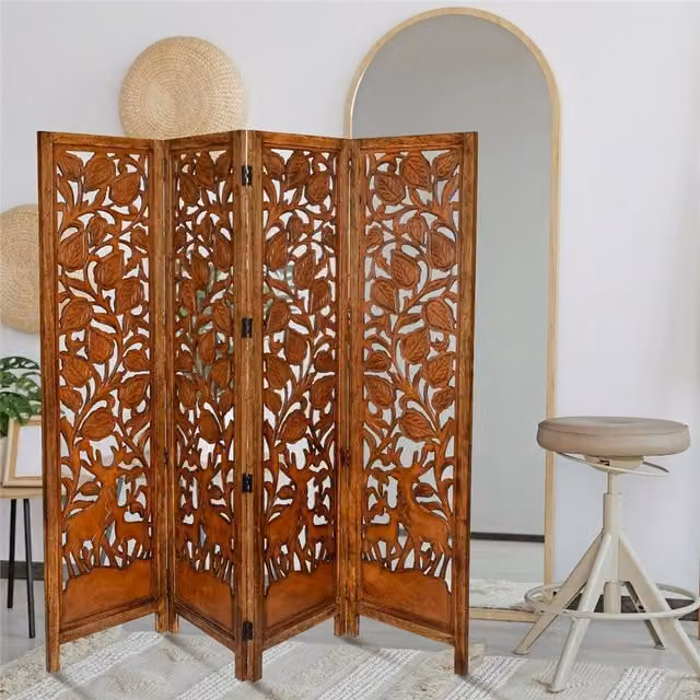Topfurnishing Hand Carved 4 Panel Wooden Deer Screen Divider in Brown and White