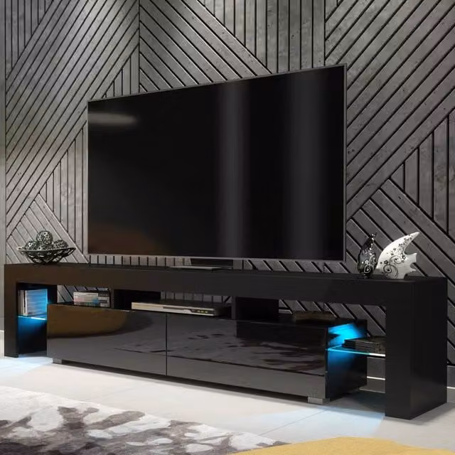 Mex Furniture LTD Nova TV Unit in Black with Glossy Doors and LED Lights, W: 200 cm, H: 45 cm, D: 35 cm