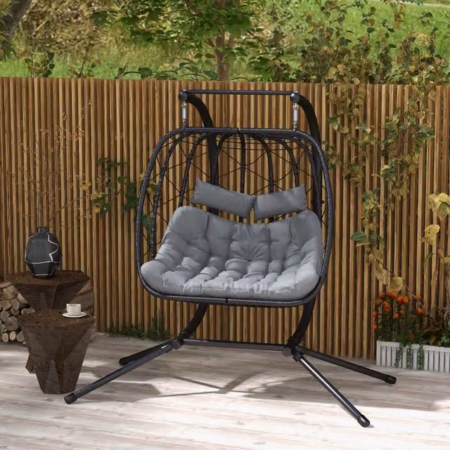 Outsunny Modern PE Rattan Hanging Swing Chair for 2 with Weatherproof Cushions, Black and Grey