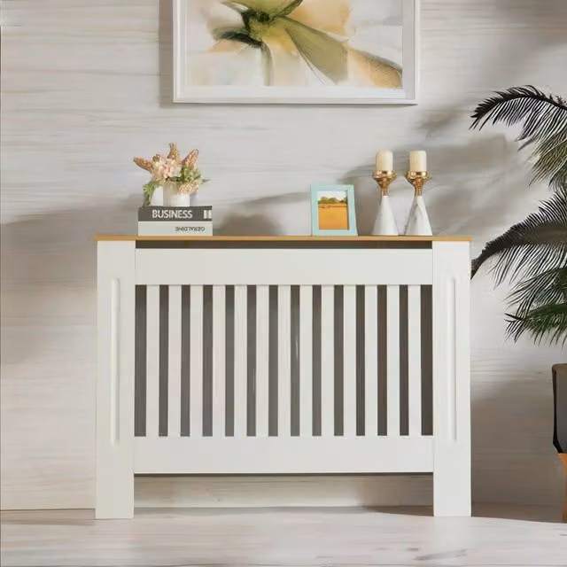 Rafaelo Mobilia Modern White Radiator Cover with Matt Wood Top Shelf – 1