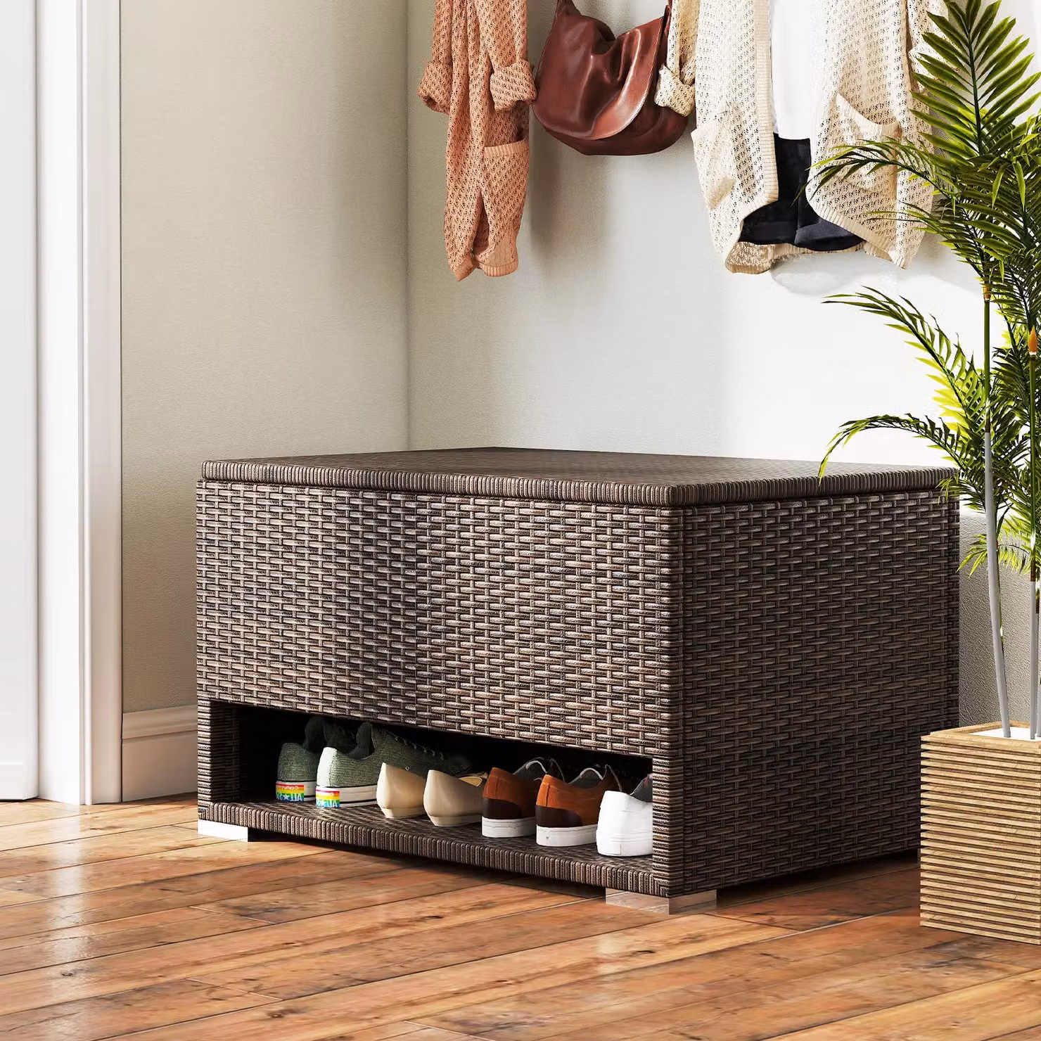 Gymax Brown PE Rattan Deck Box with Shoe Rack and 180L Storage Capacity for Cushions and Tools – 2