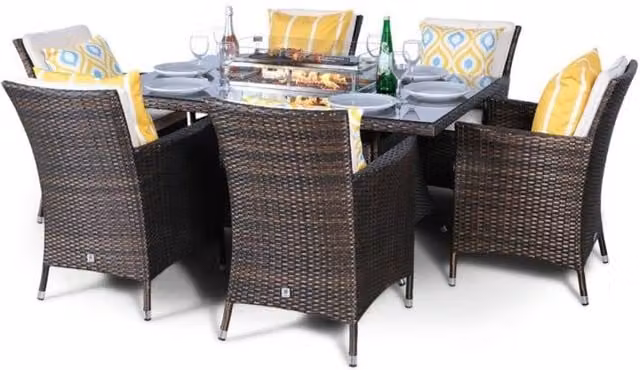 Thats Furniture Savannah 6 Seater Rectangle Rattan Dining Set with Fire Pit in Brown
