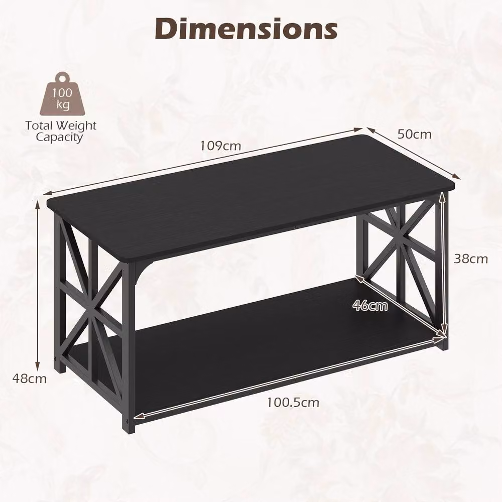 Gymax Industrial Farmhouse Coffee Table with 2-Tier Open Storage Shelf in Black – 2