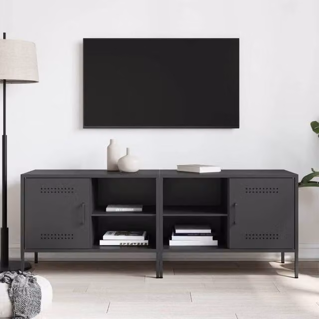 Berkfield Home Set of 2 Black Steel TV Cabinets, W/D/H: 68 x 39 x 50.5 cm