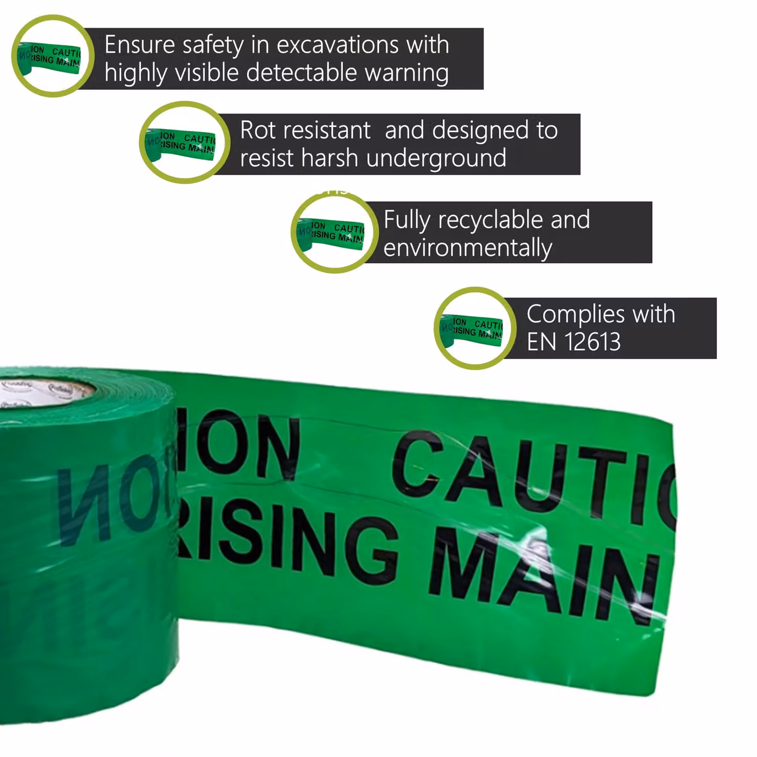 Pegdev Detectable Underground Rising Main Tape, 150mm, Green, 18m – 2