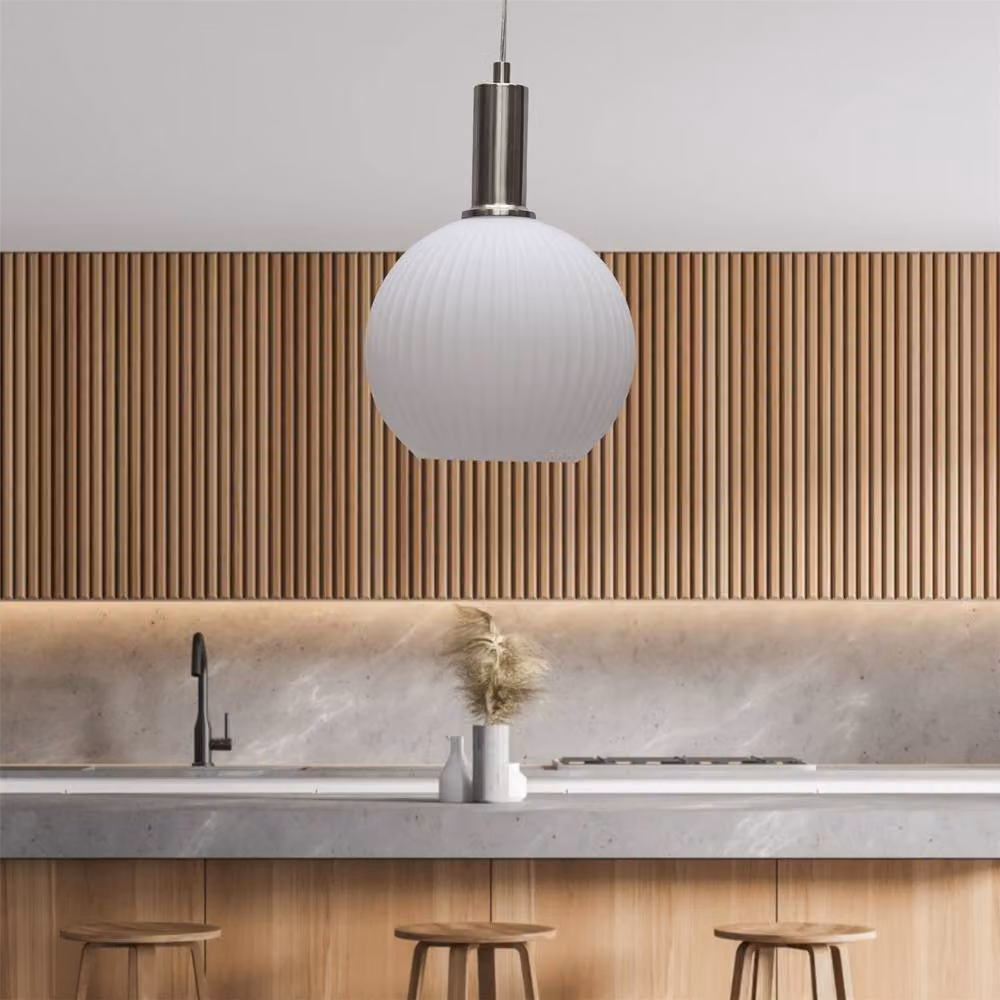 First Choice Lighting Betchley Set of 2 White Ribbed Glass Globe Deco Pendants with Satin Nickel Finish – 2