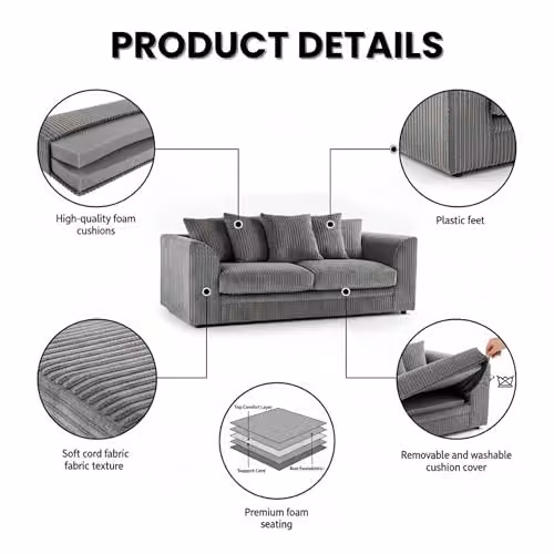 SofaSelection Jumbo Cord 3 and 2 Seater Sofa Set in Grey with Scatter Cushions and Solid Wood Frame – 3