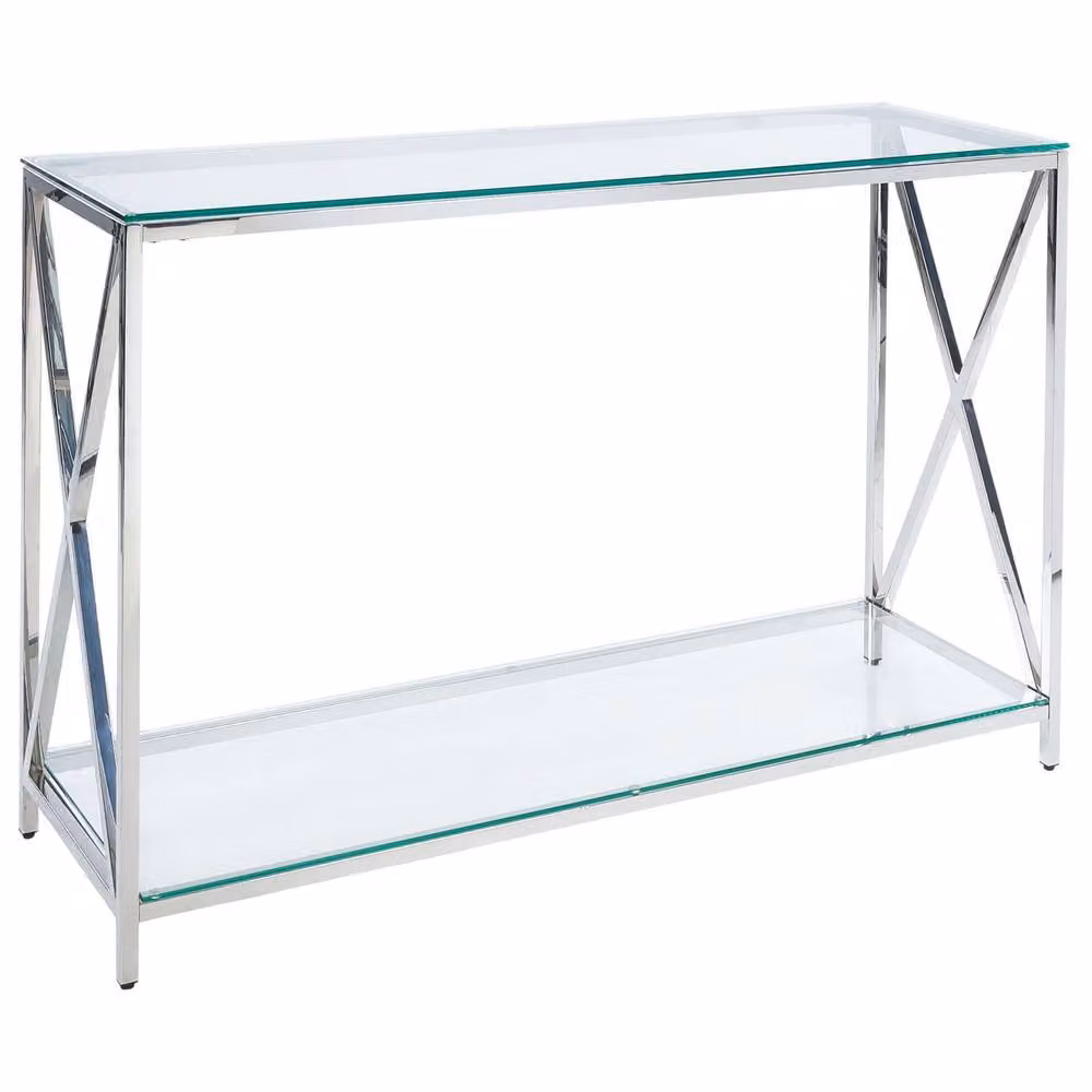 Wyld and Coco Modern Console Table with Transparent Glass Top and Polished Silver X-Frame, W/D/H: 120 x 40 x 76 cm – 2