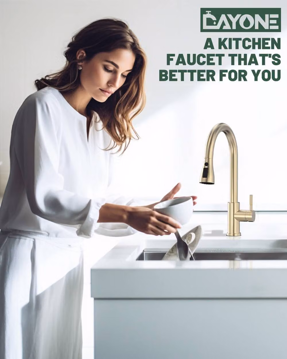 Dayone Elegant Kitchen Mixer Tap in Brushed Gold with 360 Degree Swivel and Pull Out Spray Function – 2