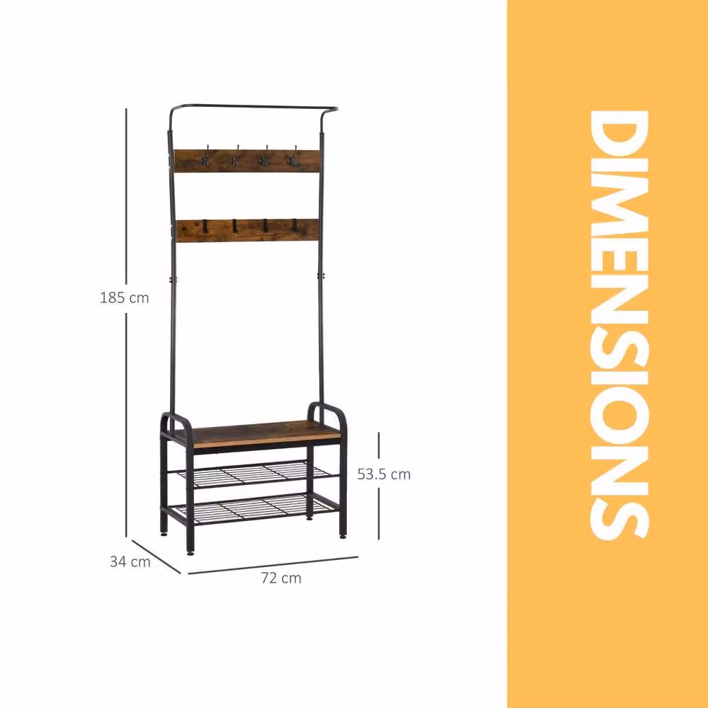 Pirlo Plush Industrial Metal Coat Rack Stand with 2 Shelves and 8 Hooks in Brown, H: 185 cm x W: 72 cm x D: 34 cm – 2