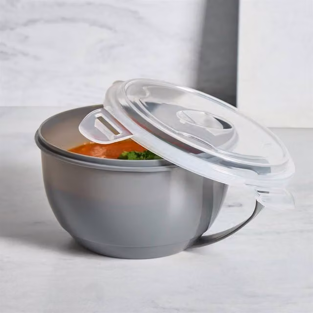 OHS Grey Plastic Microwavable Soup Bowls with Vented Lids and Handles
