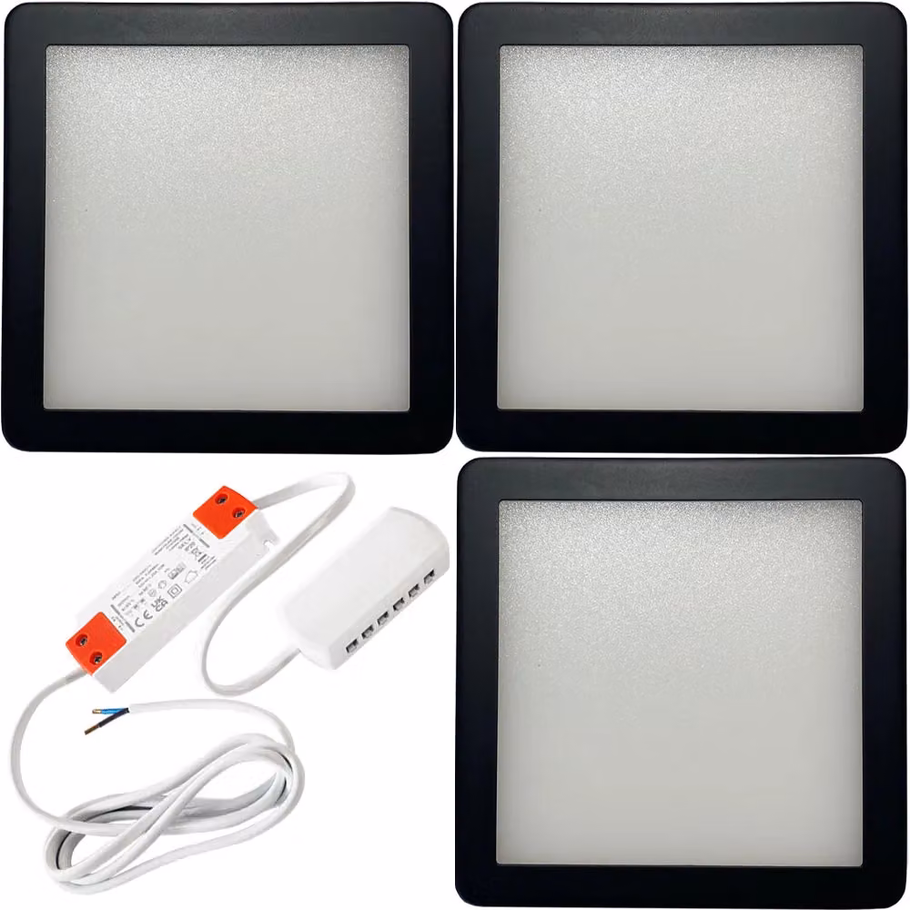 Loops 3-Pack Matt Black Ultra-Slim Square Under Cabinet Kitchen LED Light and Driver Kit with Natural White Diffused Light – 3